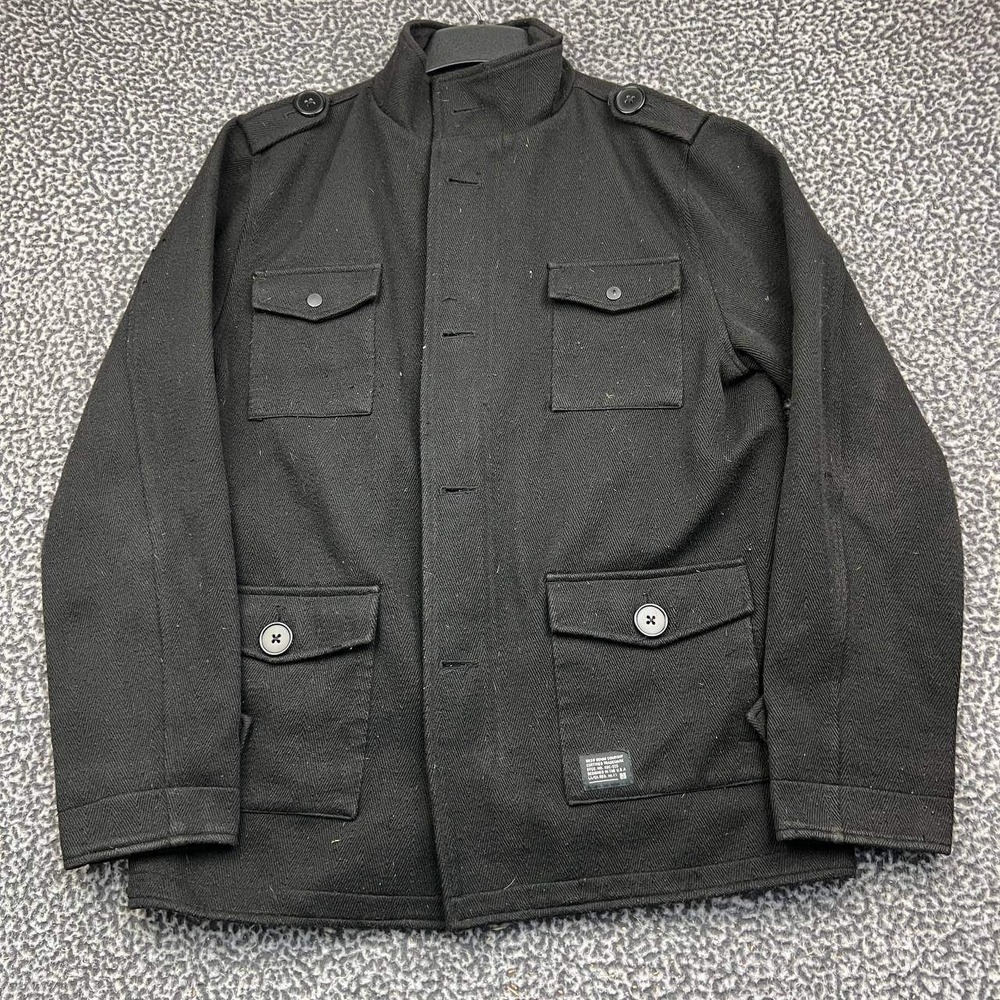 KR3W Field Jacket Men Large Black Herringbone Full Zip Button Military Style L